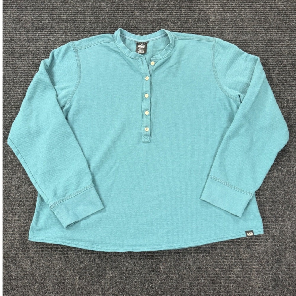 REI‎ Co-op Womens Teal Blue Waffle Knit Henley Long Sleeve Shirt XL 250154